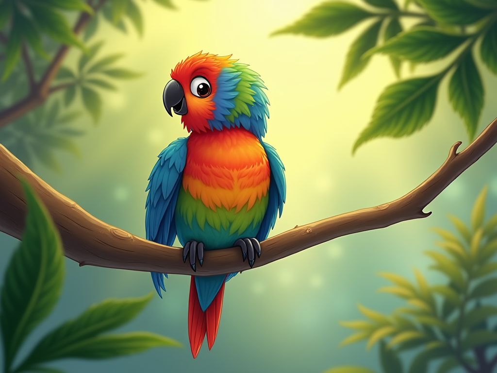 An illustration of a rainbow bird in a serene, natural setting, with sunbeams and soft light filtering through leaves. The bird's feathers are meticulously detailed, and the environment is rendered in a soft, painterly style.