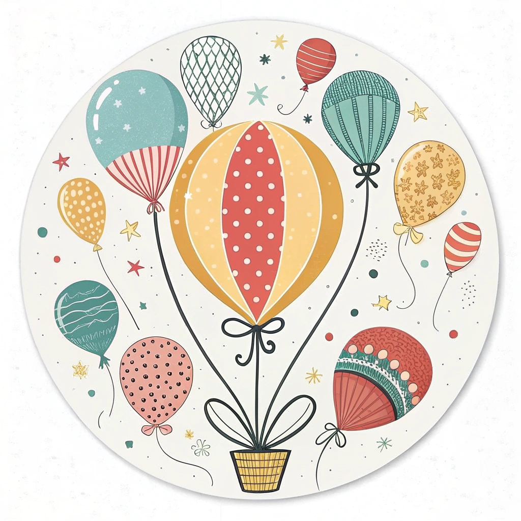 A circular sticker featuring a large, central balloon surrounded by smaller balloons, all with different patterns and colors.