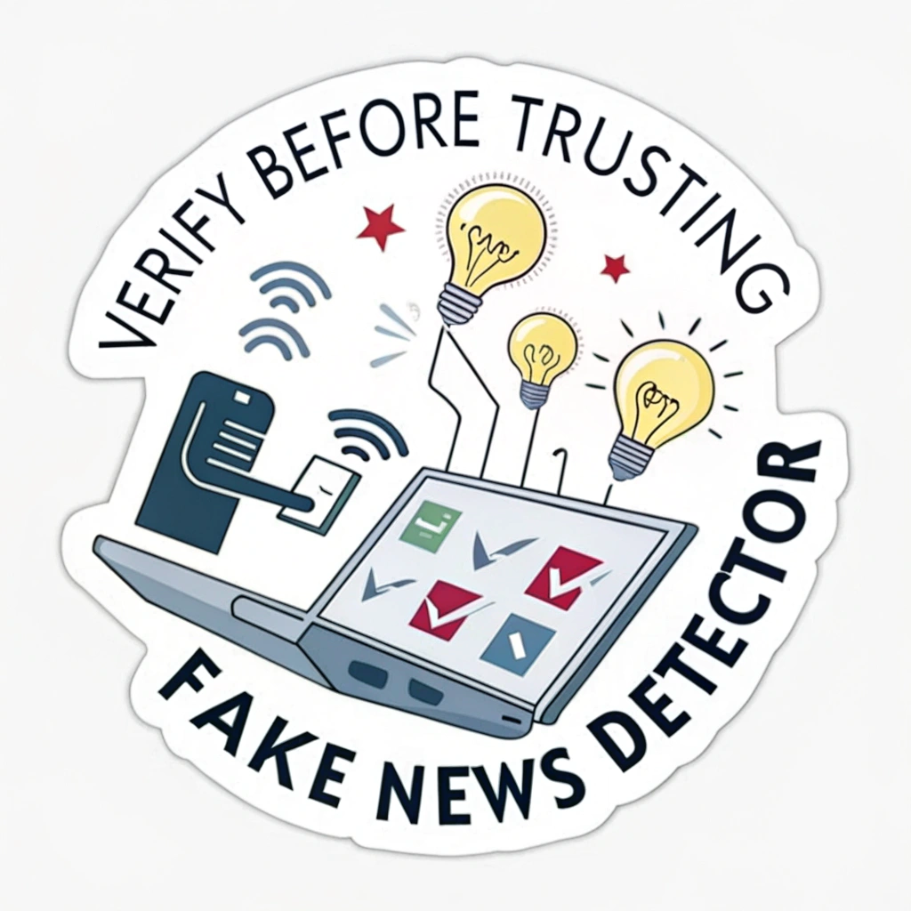 Sub Design Idea 3 (The 'Information Sorter'): An abstract visual depicting a stream of jumbled symbols (representing raw information/news) entering a sleek, minimalist 'detector' or 'filter' interface, with verified, clear symbols (like checkmarks or lightbulbs) emerging. Text 'Verify Before Trusting. Fake News Detector.' frames the visual.