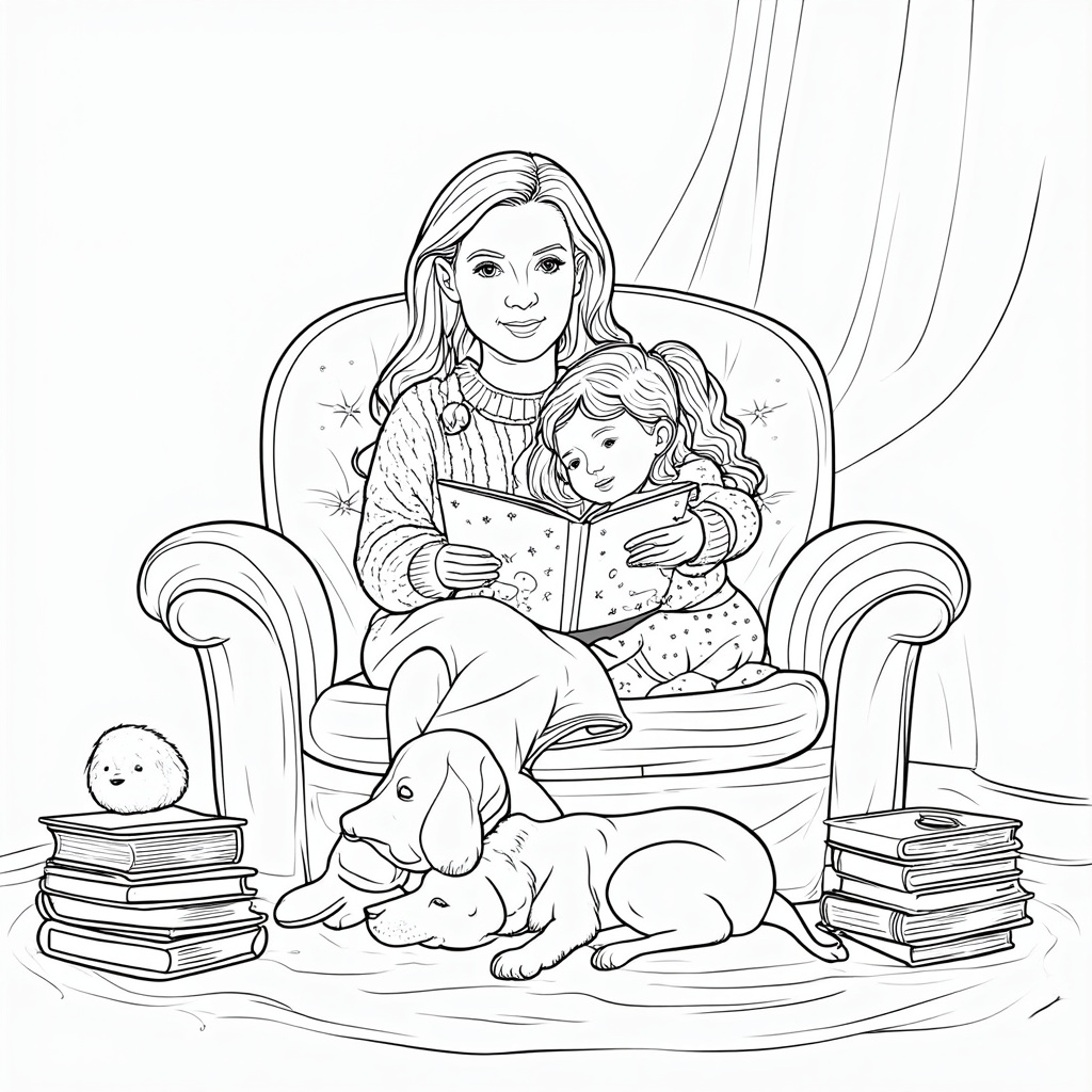 Storytime Snuggles: Cozy scenes of a mother reading to her child in a comfortable nook (e.g., armchair, bed), with soft lighting, books, and perhaps a sleeping pet, evoking warmth and togetherness.