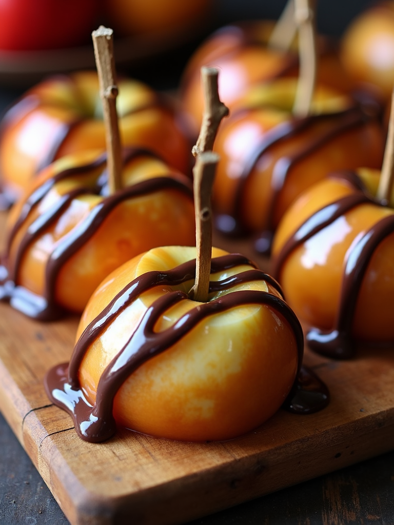 Caramel apple slices with dark chocolate drizzle.