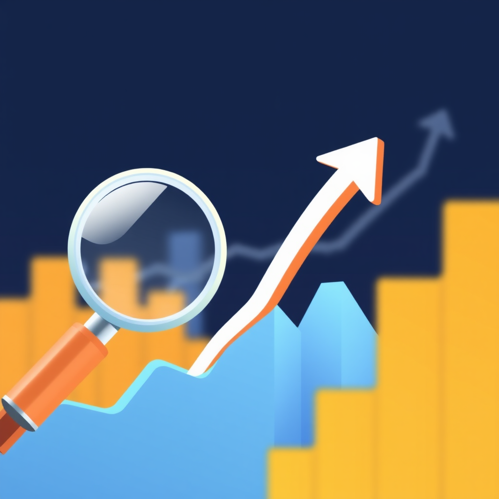Depict a magnifying glass hovering over data points that resolve into a clear upward arrow, representing predictive analysis leading to growth.