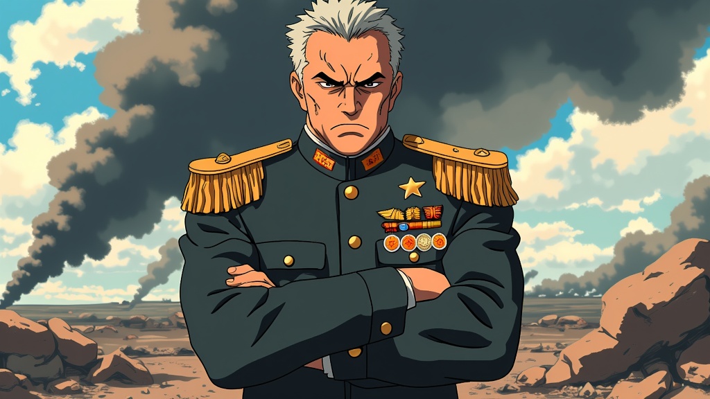 The image is an illustration of a man in a military uniform standing in a barren landscape. The man has white hair and is wearing a dark green military uniform with gold epaulettes and badges on his chest. He has a serious expression on his face and his arms are crossed in front of him. In the background, there is a large plume of black smoke rising up into the sky. The ground is covered in rocks and debris, and the overall mood of the image is tense and ominous.