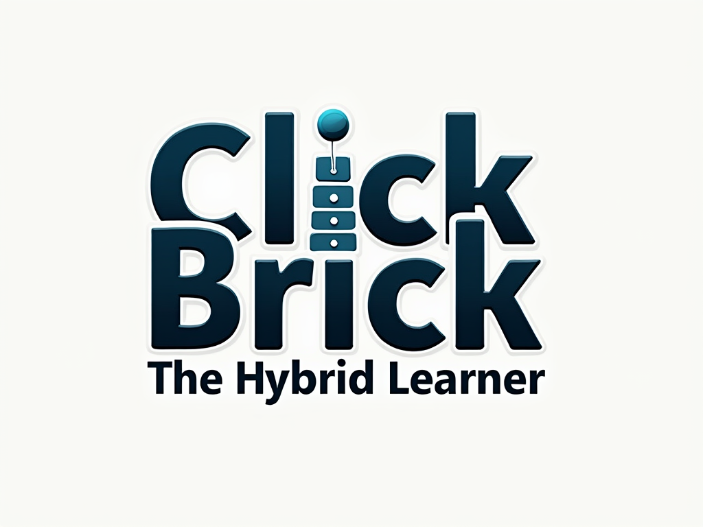 A typographic design where 'Click' is written in a sleek, modern, digital-style font, and 'Brick' is in a solid, perhaps slightly textured, block-like font. An ampersand or a connecting graphic element links them. 'The Hybrid Learner' is typeset cleanly beneath.