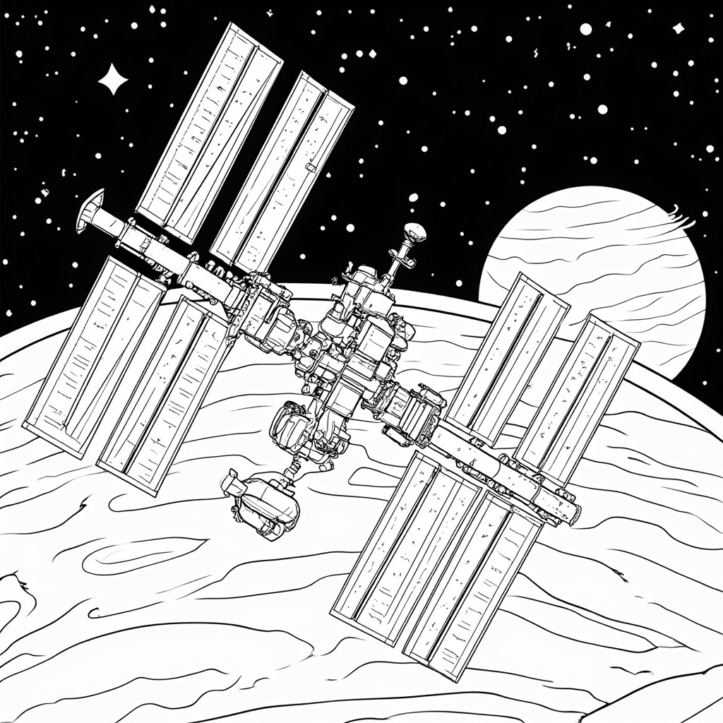 Starliner fully docked with the ISS, showing the secure connection. The combined structure could be set against a starry backdrop or a sunrise over Earth's limb.