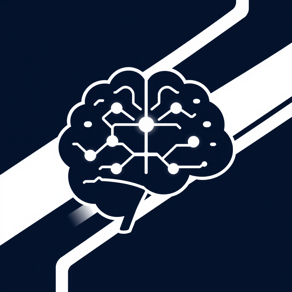 Simple Icon Idea: A sleek icon featuring a stylized human brain silhouette seamlessly integrated with a minimalist representation of a neural network or digital circuit lines. Their intersection point could subtly glow, symbolizing the spark of generative AI from mind-machine symbiosis.
