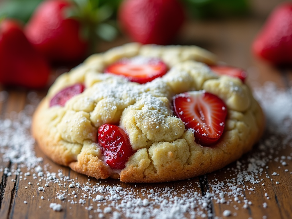 A gluten-free almond flour cookie with strawberry pieces and a light basil flavor throughout, finished with a dusting of powdered sugar.