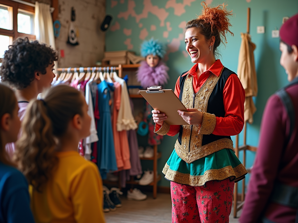 A performing arts teacher, wearing a dramatic costume, holds a clipboard and addresses students preparing for the upcoming play. Theater props and costumes hang around the room chaotically.