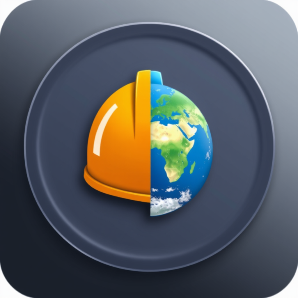 A vertically or horizontally split icon where one half depicts a recognizable safety helmet and the other half shows a section of the Earth.