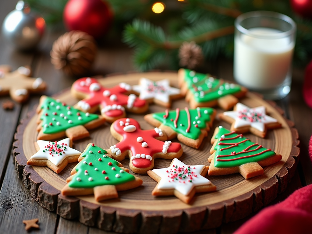 A delightful arrangement of Christmas cookies in various shapes, such as stars, trees, and gingerbread men, all meticulously decorated with colorful icing and sprinkles. The cookies are arranged on a wooden platter, accompanied by a cozy glass of milk set beside a handwritten note for Santa amidst holiday decor.