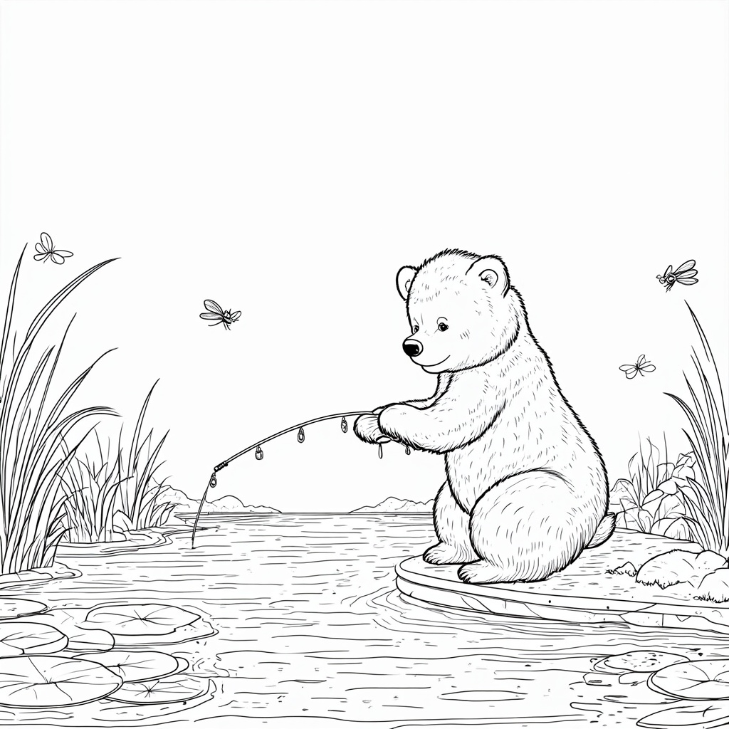 A peaceful bear fishing in a quiet river, with lily pads and dragonflies around.