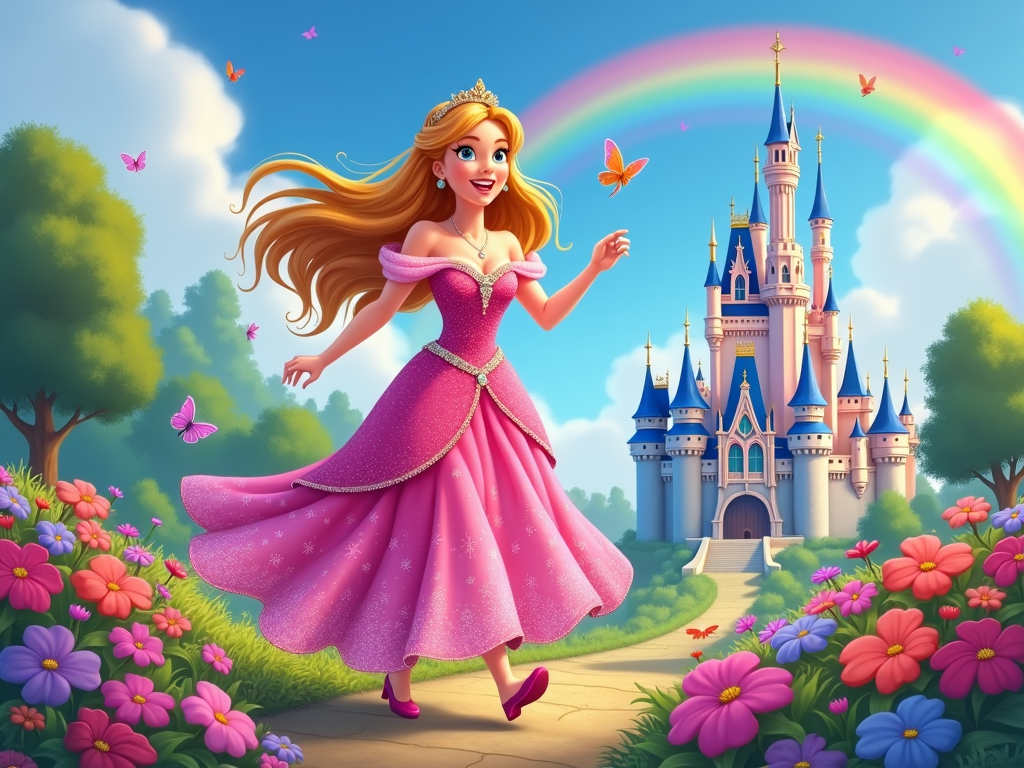 An illustration of a princess skipping through a flower-filled garden towards her majestic castle, with butterflies fluttering around and a rainbow arcing in the sky.