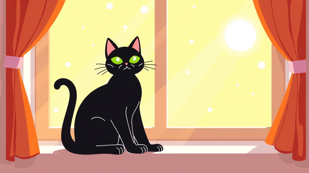 The image is an illustration of a black cat sitting on a window sill. The cat is facing the camera and is looking directly at the viewer. It has green eyes and is sitting upright with its tail curled around its body. The window is open, with orange curtains on either side. The background is a light yellow color with small white dots scattered across it. The overall mood of the image is peaceful and serene.