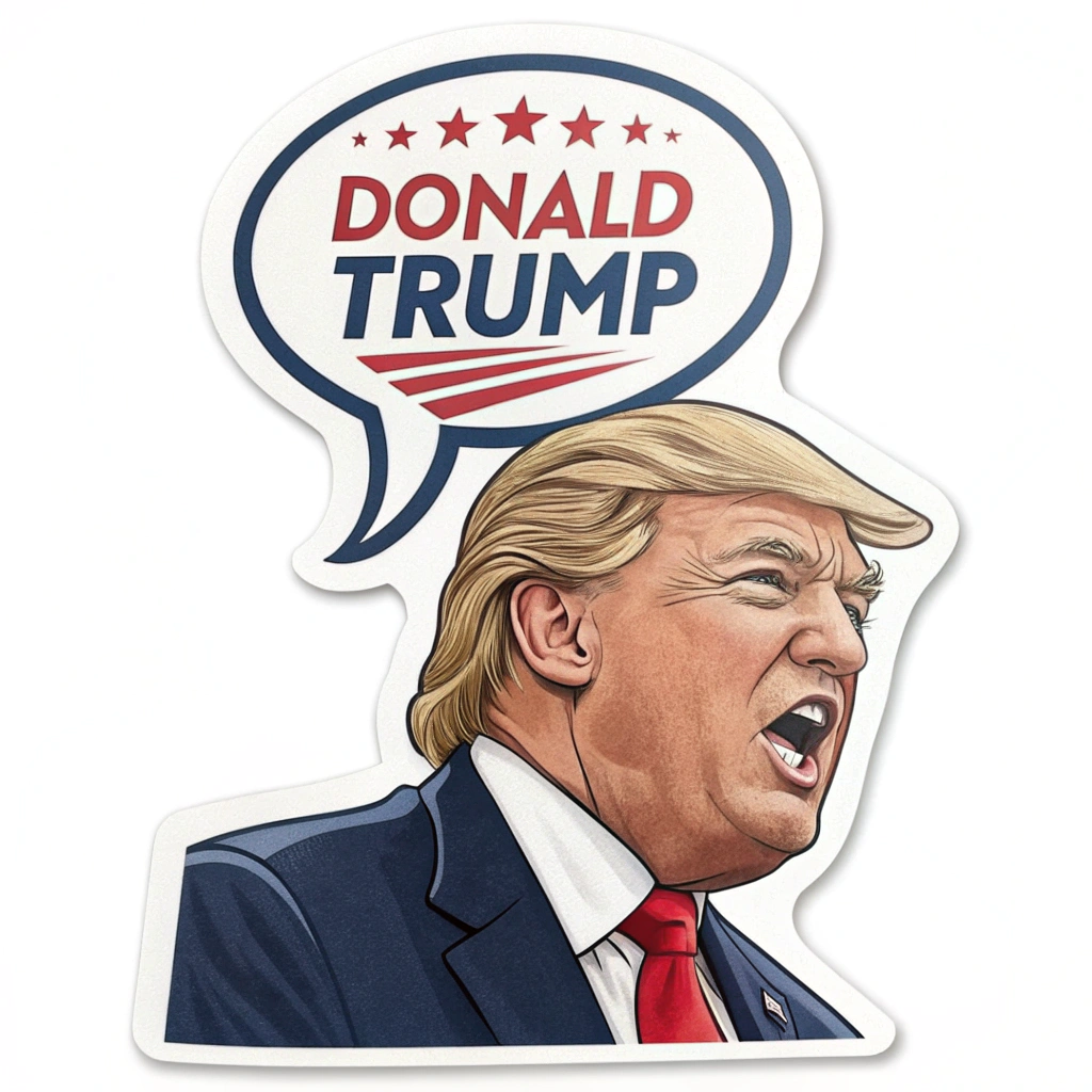 A sticker featuring a caricature of Donald Trump with a speech bubble containing one of his famous quotes.