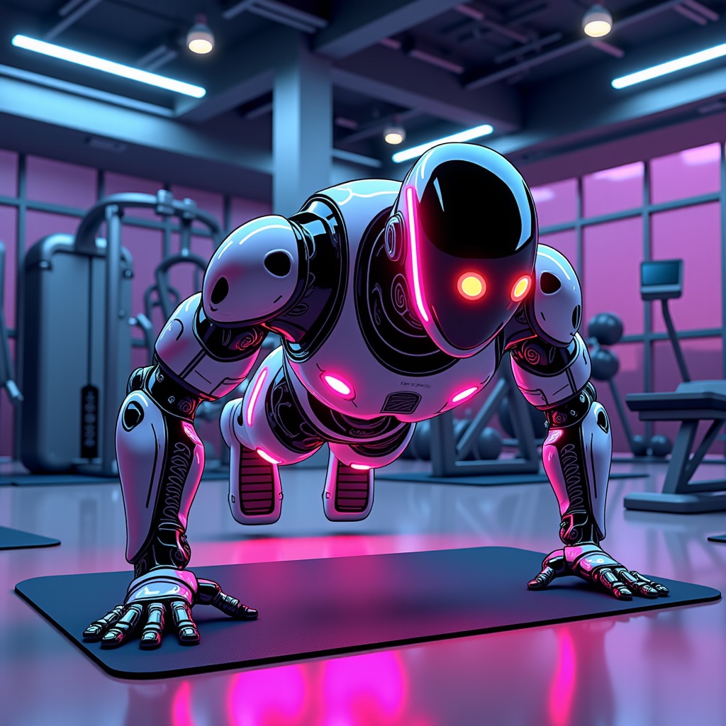  a robot in a gym. The robot is in a crouching position on a black mat, with its arms and legs stretched out in front of it. It has a round head with red eyes and a black body. Its arms are stretched out to the sides and its legs are bent at the knees. The background of the image shows various exercise equipment and a large window. The room is dimly lit with pink and purple lights.