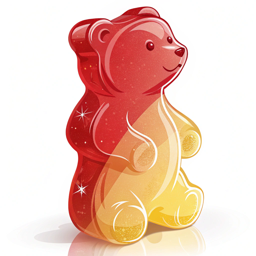 Simplified Gummy Icon/Sticker: A very simple sticker idea featuring a single, iconic gummy bear in a bright color (like red or yellow), with a clean silhouette and a subtle shine highlight. This could also be represented as a neat stack of three distinctively colored gummy bears.