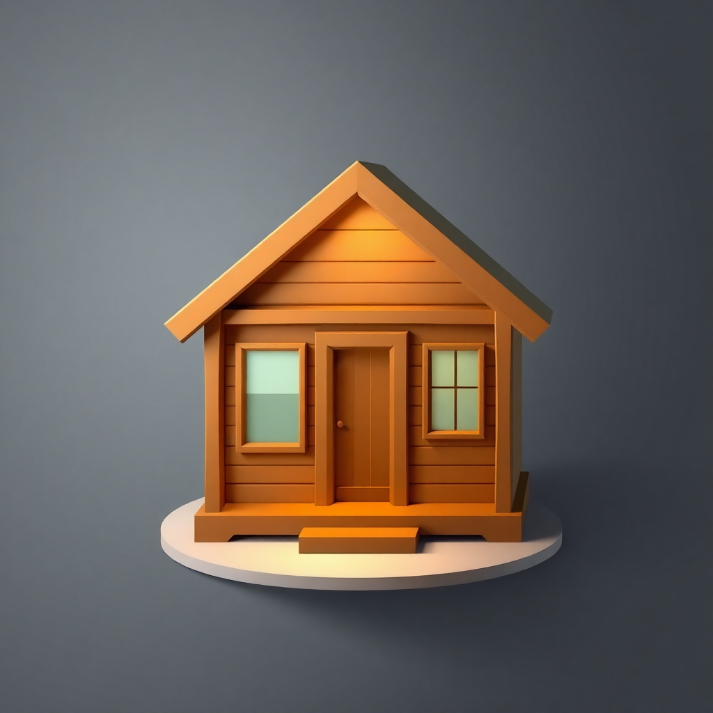 A low-poly design of a cabin icon, constructed from a series of polygons with a defined light source, highlighting the different planes and surfaces.