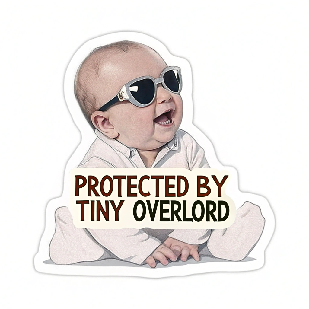 A humorous design with a baby wearing sunglasses and the text 'Protected by Tiny Overlord'.