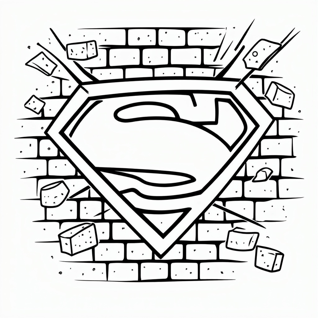 Create a coloring page showcasing a superhero emblem breaking through a brick wall, symbolizing strength and power.