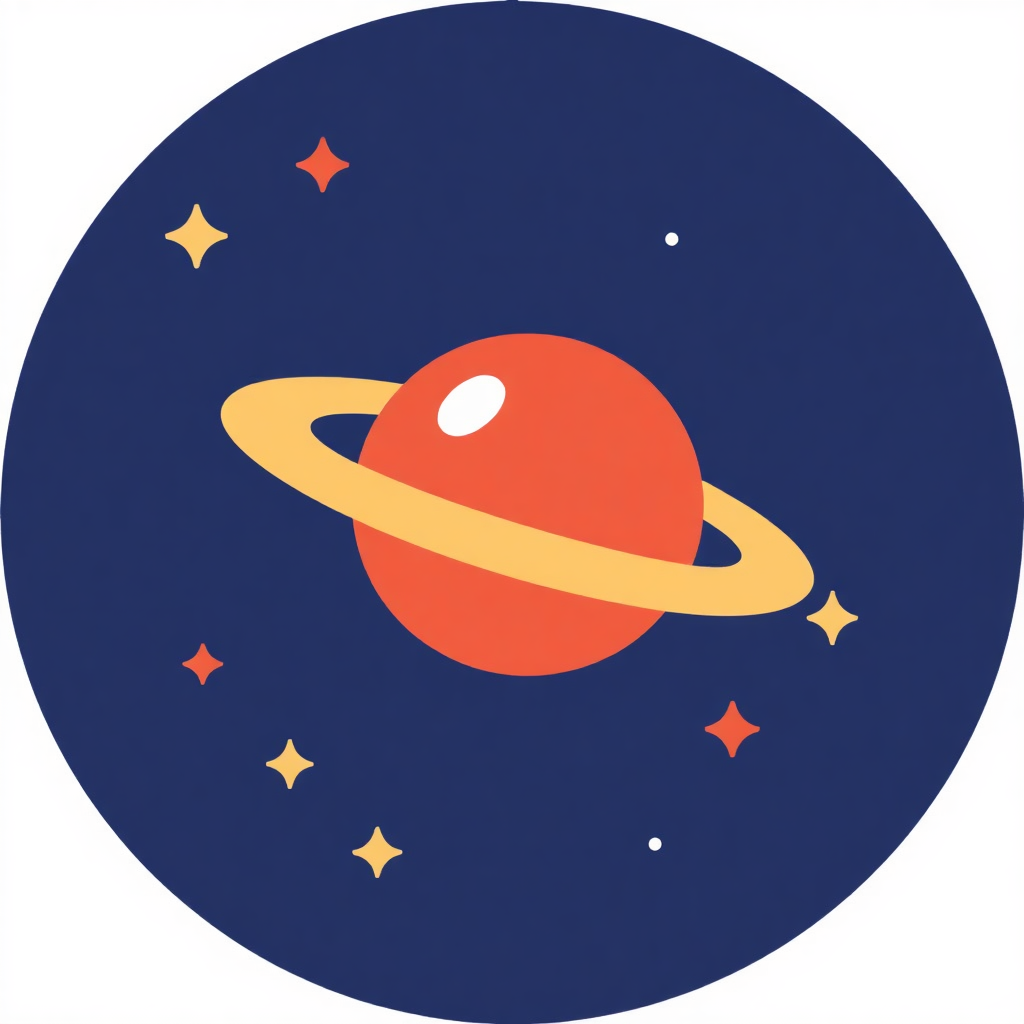 The image is a circular illustration of a planet with a ring around it. The planet is red in color and has a white dot in the center. The ring is yellow and is surrounded by small orange stars. The background is a deep blue color with small white dots scattered throughout. The overall design is simple and cartoon-like.