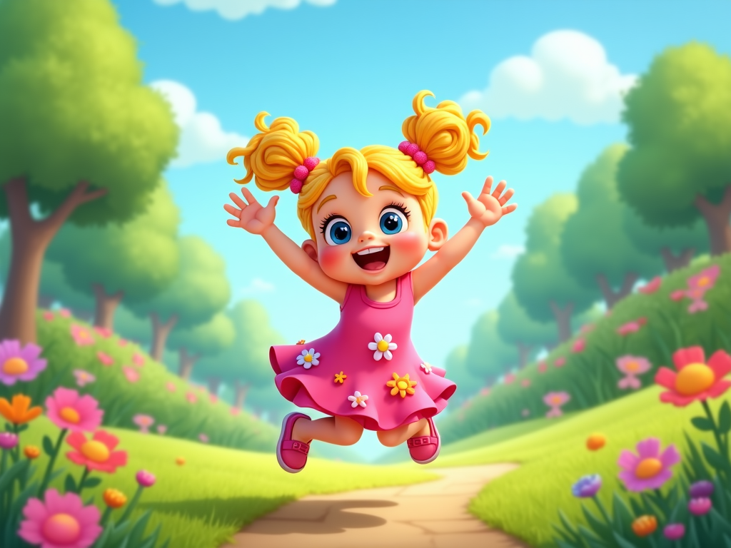  a young girl with blonde hair and blue eyes, wearing a pink dress with yellow flowers. She is jumping in the air with her arms stretched out wide and a big smile on her face. The background is a beautiful garden with green trees and pink and orange flowers. The sky is blue with white clouds. The girl appears to be happy and carefree.