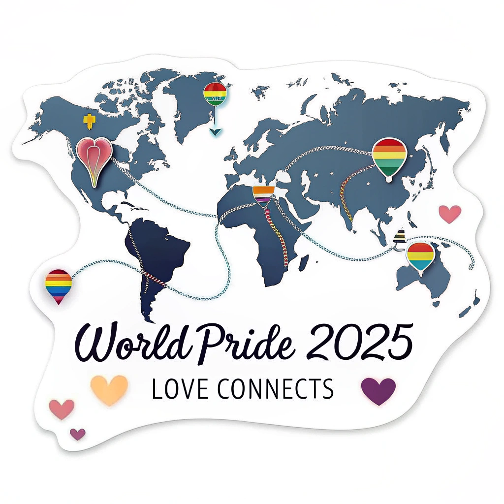 Interconnected Hearts Map Sticker: A world map graphic where continents are subtly outlined. Small pride hearts (rainbow or other specific pride flags) are placed on various locations, linked by glowing, delicate lines symbolizing connection. The text 'WorldPride 2025' and the theme 'Love Connects' are integrated into the design.