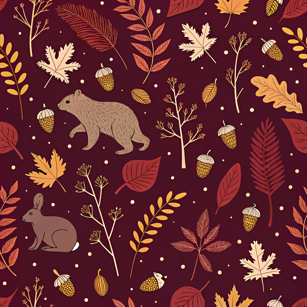 Intriguing Thanksgiving pattern showcasing silhouettes of woodland creatures, autumn foliage, and falling acorns. Presented on a deep burgundy backdrop, the design emphasizes the elegant and tranquil nature of Thanksgiving’s connection to the season.