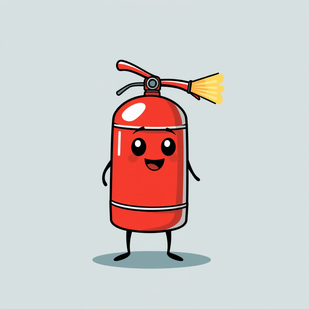 A chubby fire extinguisher with short, stumpy legs, giving it a cute and non-threatening look.