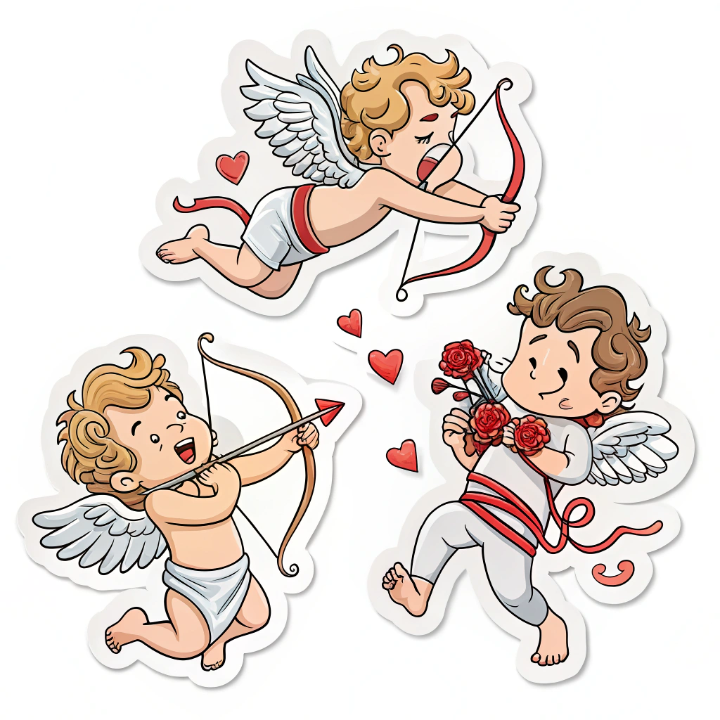 A series of stickers illustrating Cupid's mishaps: tripping over his bow, accidentally shooting himself with an arrow, and getting tangled in a ribbon of hearts.