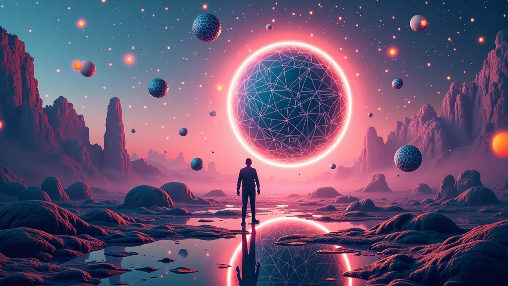 A movie poster where a fragmented, glowing AI core or neural network is visually 'dreaming up' a surreal landscape that bleeds into the poster's main imagery. Elements like melting cityscapes, floating geometric shapes, and impossible physics define the dreamscape.
