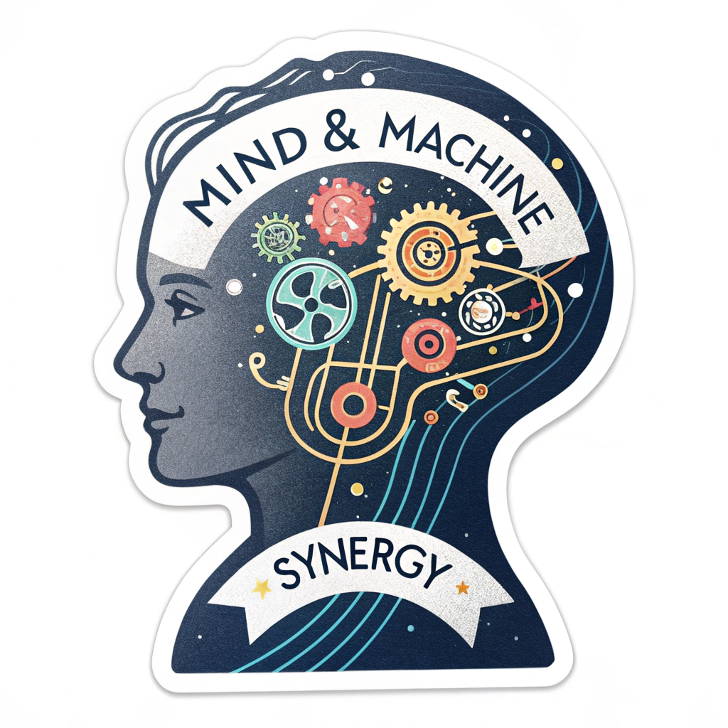Sticker Design 5: 'Mind & Machine Synergy' - A silhouette of a human head in profile, with glowing AI circuits and gears seamlessly integrated. From the forehead, artistic concepts (swirls, geometric shapes, colors) flow outwards, forged by this human-AI collaboration.