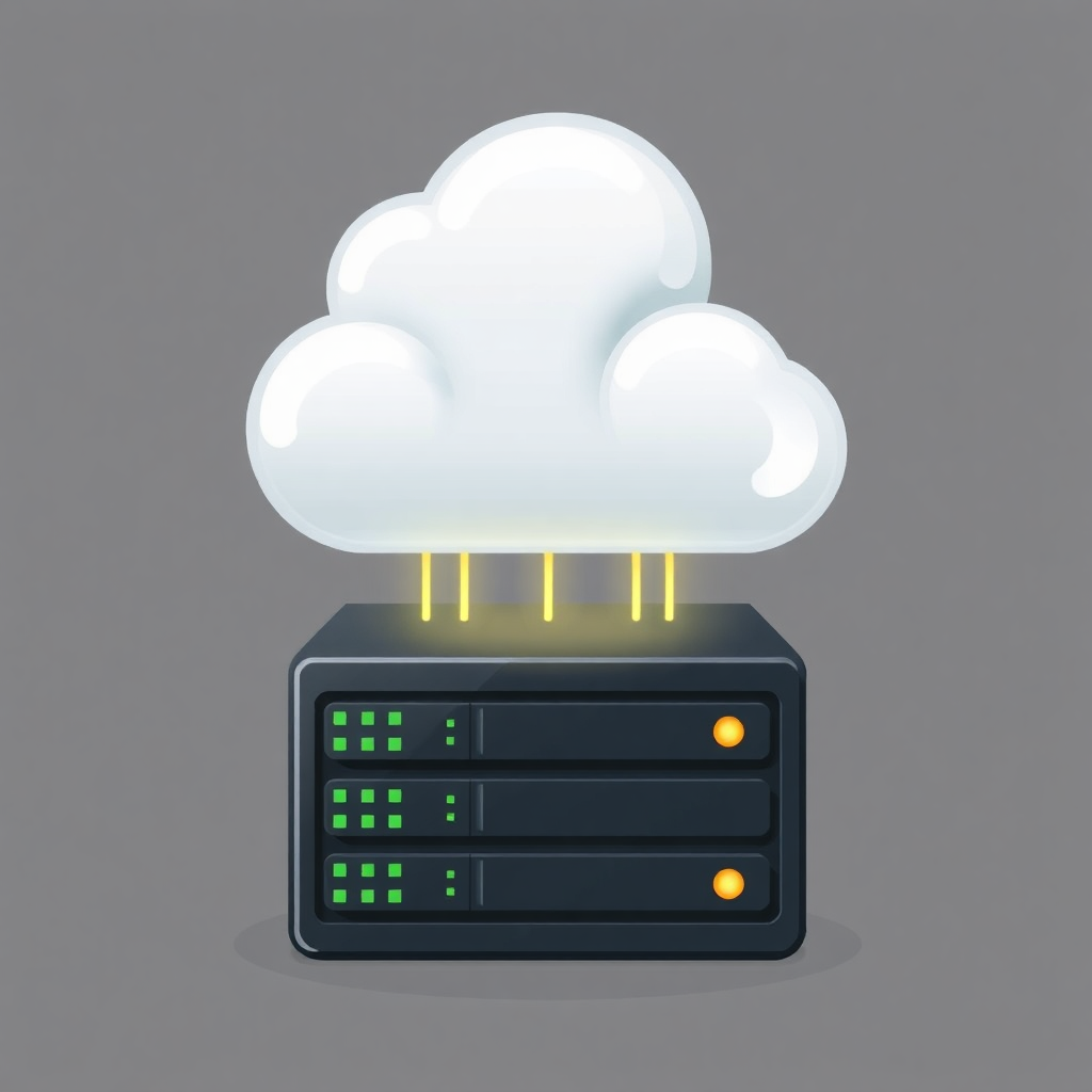 The image is a digital illustration of a cloud computing device. The device is black in color and has a rectangular shape with four ports on the front. On top of the device, there is a large white cloud with a yellow light emanating from it. The cloud appears to be floating above the device. There are also two orange buttons on the bottom right corner. The background is a plain grey color.