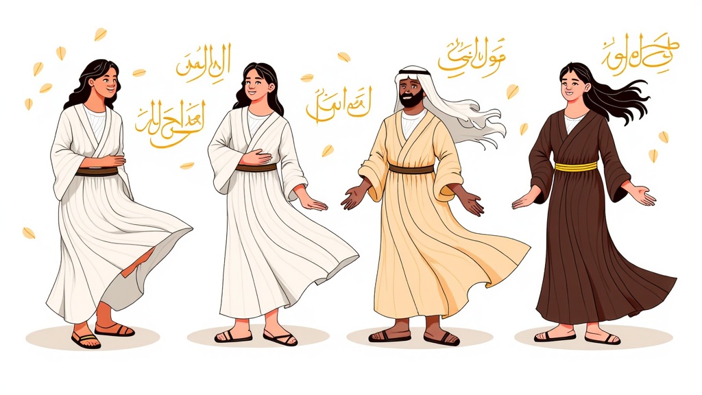 Character-Integrated Script: Illustrations where the flowing robes, hair, or even the form of characters (like a genie's smoke) are subtly composed of or interwoven with elegant Arabic calligraphy that reflects their personality, a quote, or their role in the story. The main typography could be a classic serif with calligraphic flourishes.