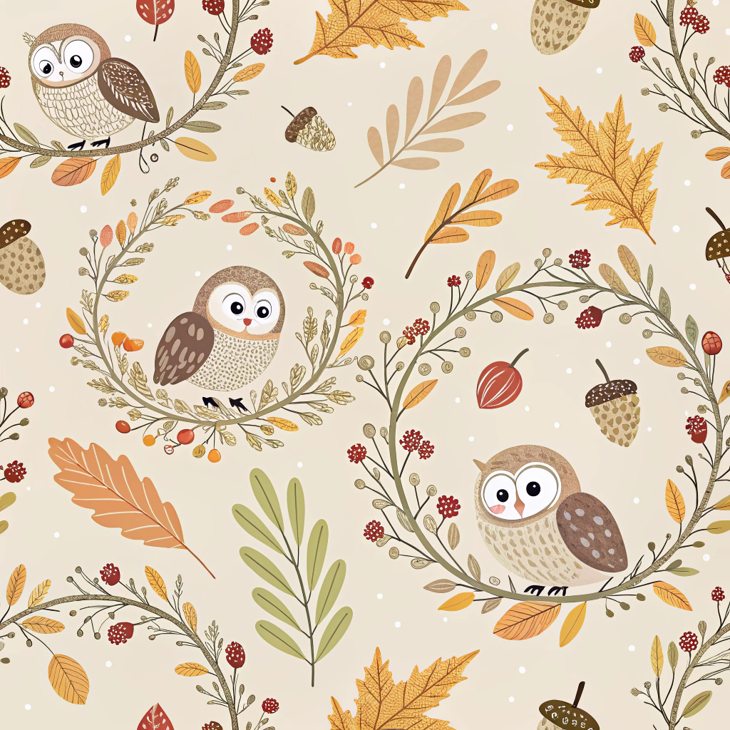 An artistic Thanksgiving pattern featuring delicate wreaths of autumn leaves, acorns, and tiny owls. The soft patterns are set against a pale taupe background, creating a warm and inviting atmosphere, perfect to represent the serene and reflective nature of the Thanksgiving holiday.