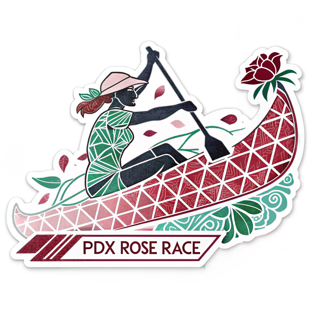 Abstract Floral Racer: A more abstract or stylized representation using bold lines and color blocks. The shape of the dragon boat is recognizable but filled with geometric patterns derived from rose petals and leaves. Motion lines are prominent, perhaps incorporating text like 'PDX Rose Race'.