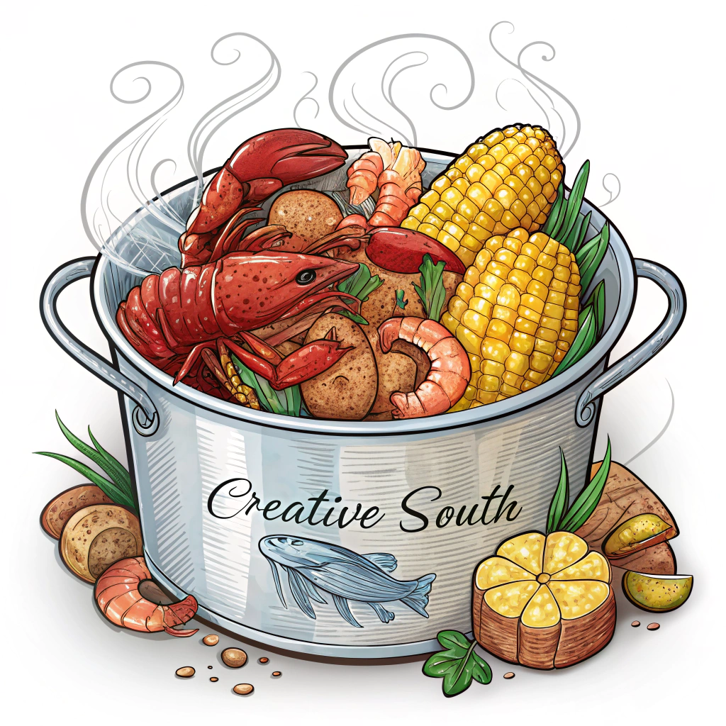 A sticker featuring a steaming pot filled with crawfish, shrimp, corn, and potatoes, with the Creative South logo subtly integrated.