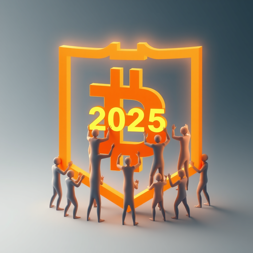 Sub-Design Idea 2: 'Community-Forged Code'. Visual: Abstract human figures collaboratively building or supporting large, glowing elements of code syntax (e.g., brackets `{}`, slashes `//`, tags `<>`). The overall composition forms the Bitcoin symbol or shield, with '2025' prominent. This emphasizes the human effort behind the technology.