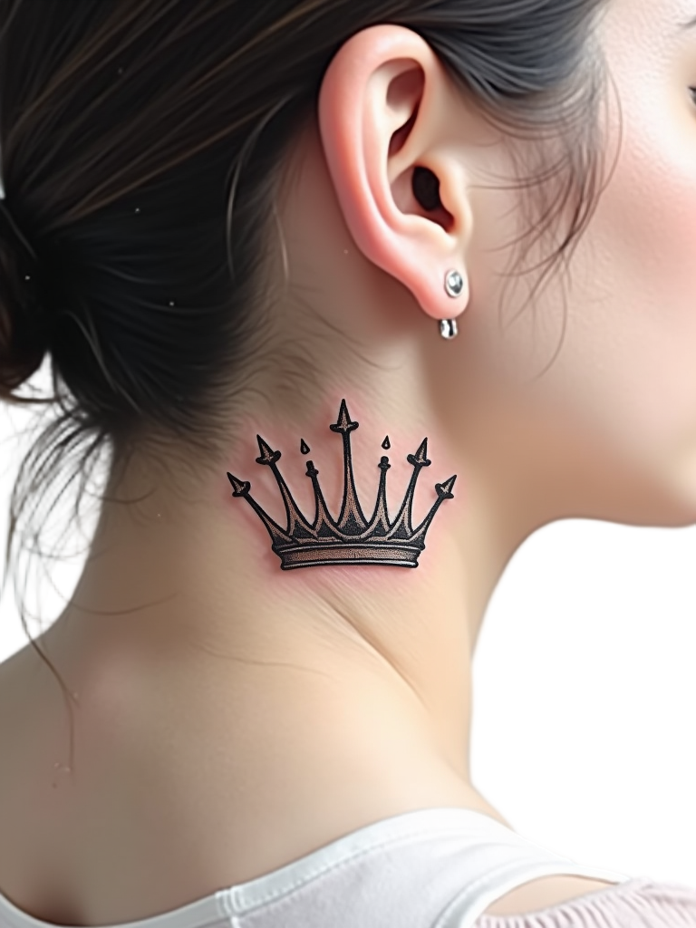 A side view of a minimalist crown tattoo behind the ear, with thin, fine lines creating sharp spikes and subtle details.