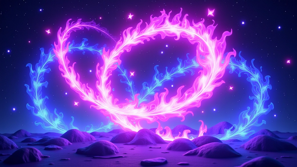 The image is a digital illustration of a night sky with stars and planets in the background. In the center of the image, there is a large, circular shape that appears to be made up of pink and blue flames. The flames are swirling around the shape, creating a sense of movement and energy. The colors are vibrant and the overall effect is one of energy and movement.  In the foreground, there are several large, dark rocks scattered across the ground. The rocks are of different sizes and shapes, with some being larger and others smaller. The background is a deep blue, with small white stars scattered throughout. The overall mood of the illustration is surreal and dreamlike.