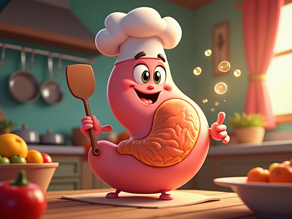 The image shows a cartoon character in a chef's hat holding a spatula in a kitchen. On the table in front of them is a bowl of fruits and vegetables, and on the wall behind them are pans hanging from a hanger. There is also a window with a curtain and a frame attached to the wall.