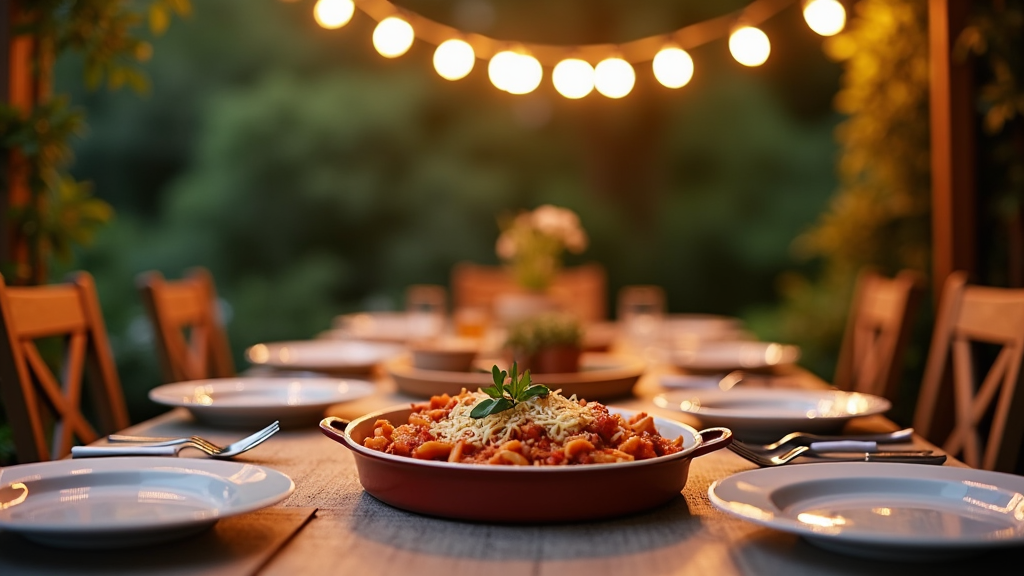 An outdoor patio table setting with a family-style casserole of baked ziti in the center, garnished with herbs, ready for a gathering under the string-lights, with plates and napkins neatly arranged.