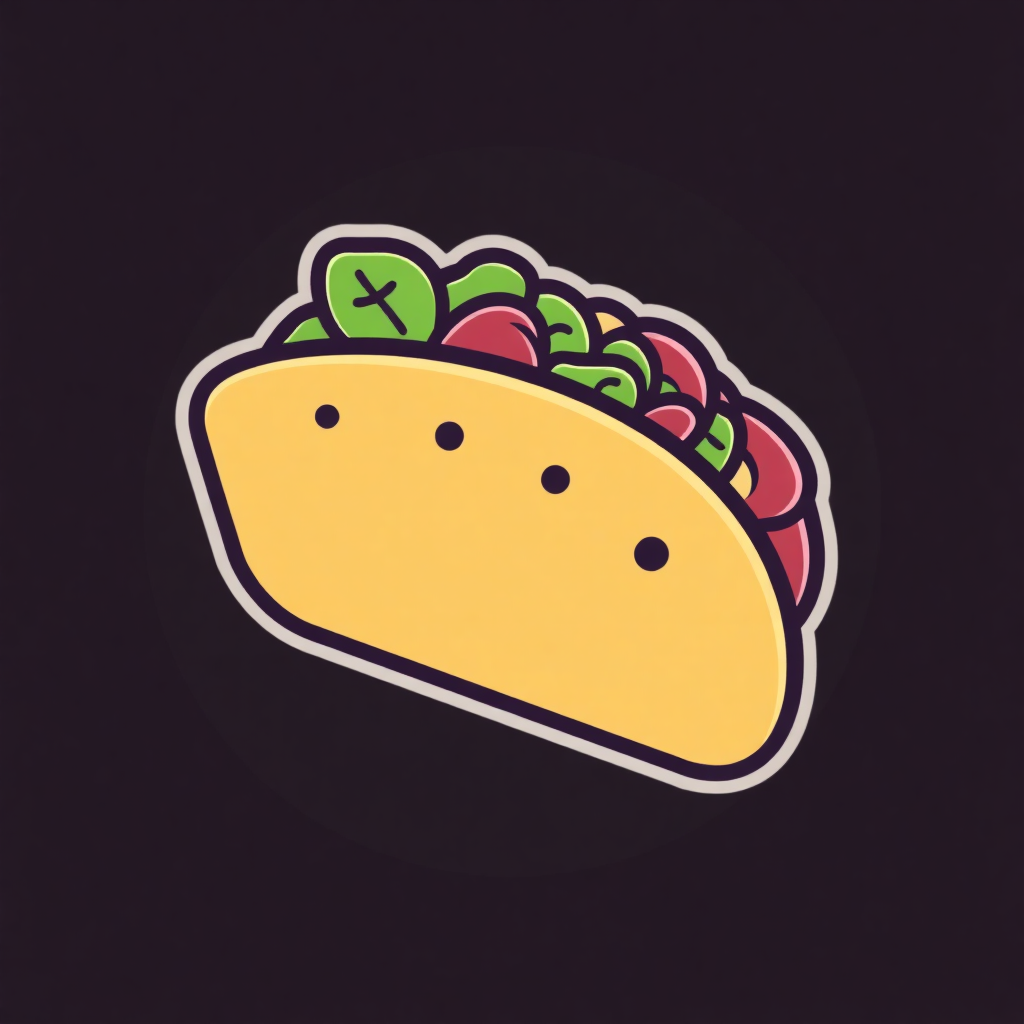 The image is a digital illustration of a taco. The taco is yellow in color and has a round shape with two small holes in the center. On top of the taco, there are various toppings such as lettuce, tomatoes, and cheese. The toppings are arranged in a circular pattern around the taco's head. The background is black, making the taco stand out. The overall design is simple and cartoon-like.