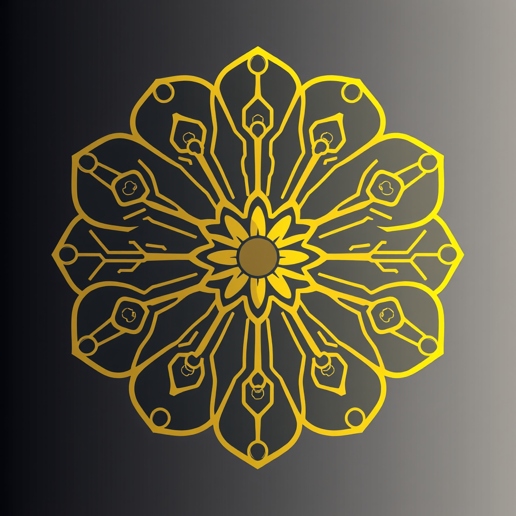 Circuitry Bloom: An icon design featuring a central point, like a flower's pistil, from which pathways resembling circuit board traces or light beams radiate outwards to form petals. Each petal could carry intricate, geometric patterns suggestive of data or neural network layers.
