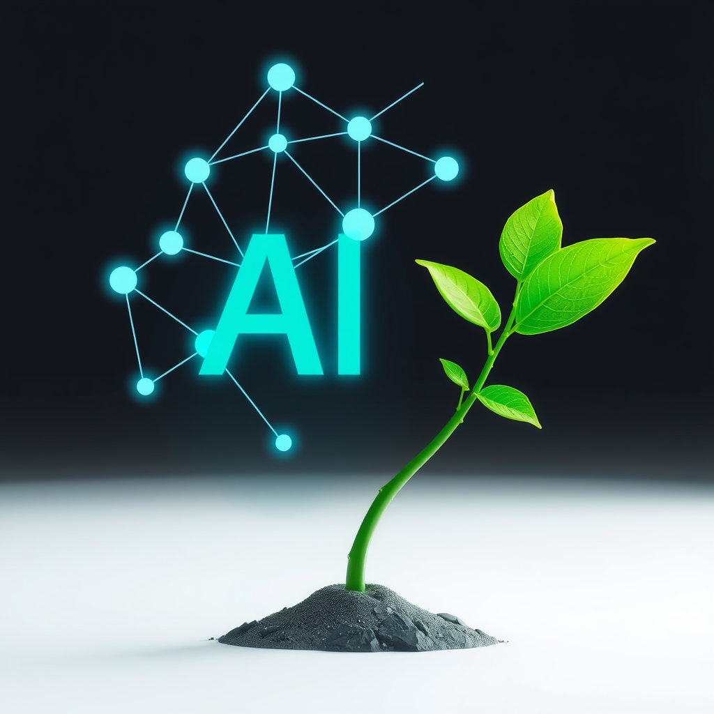 An icon showing interconnected nodes (AI) transforming into a sprouting seedling or a growing tree branch, symbolizing growth fueled by analytics.