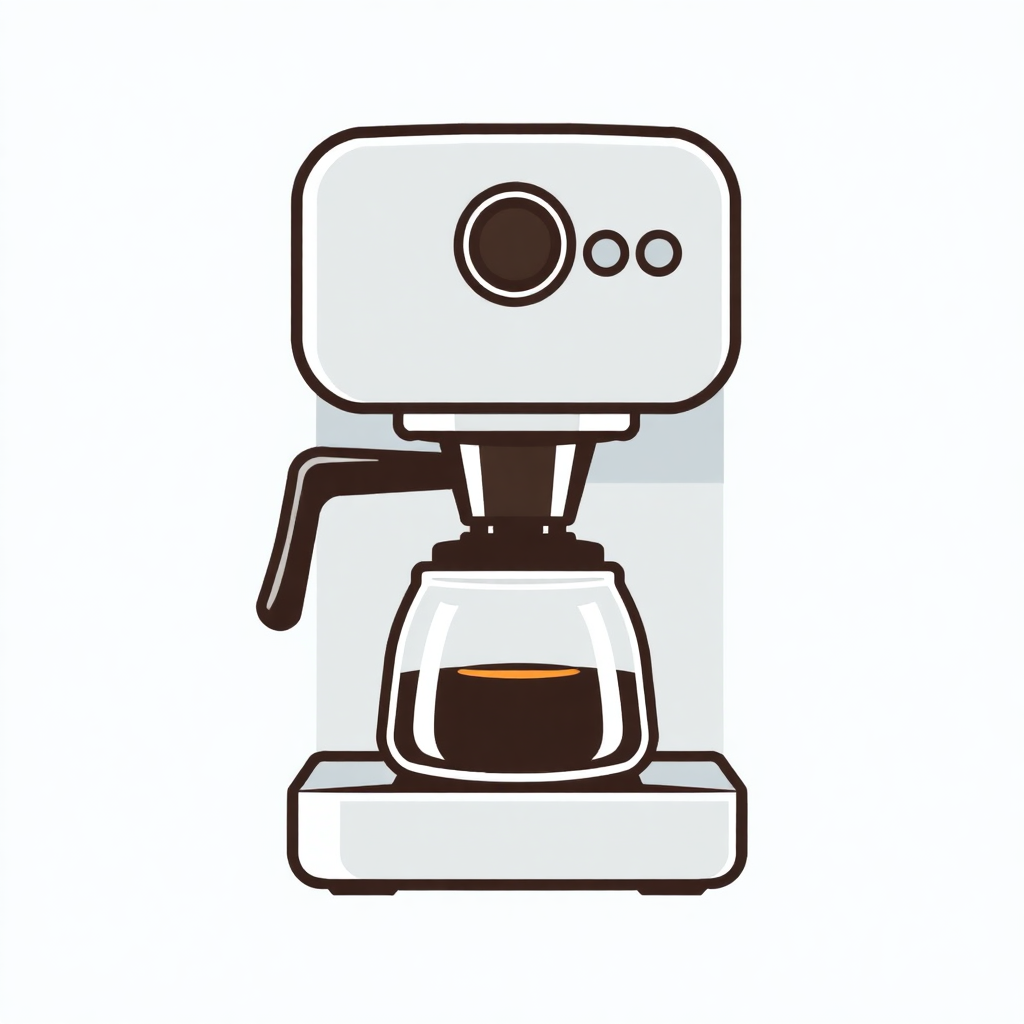 The image is an illustration of a coffee machine. It is a modern and sleek design with a white body and a black handle on the left side. On top of the body, there is a small camera-like device with a round lens and two small buttons on the top. The camera is attached to the body of the machine and is positioned in the center of the image. Below the camera, there are two cups of coffee on a white base. The coffee machine has a glass carafe on top and a spout on the right side. The background is plain white.