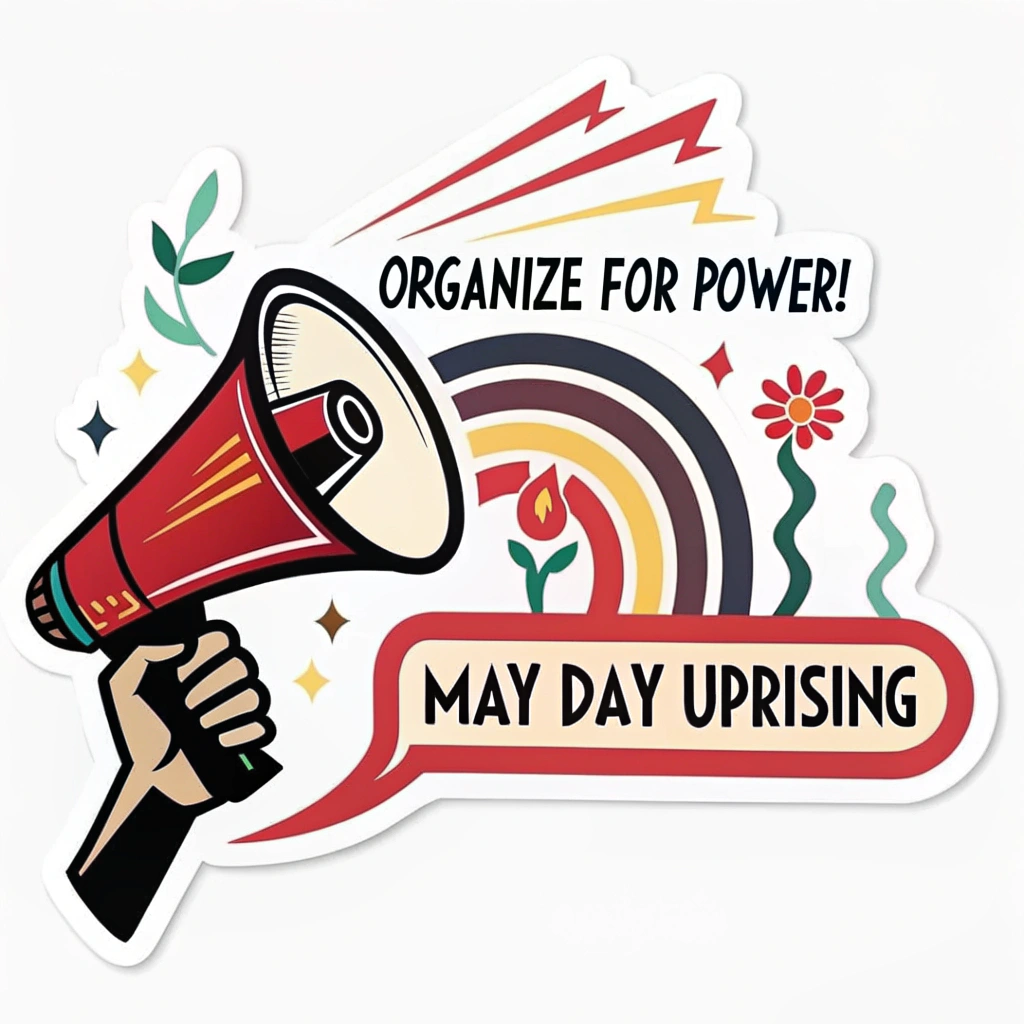 A sticker featuring a stylized megaphone with sound waves or protest symbols emanating from it. The slogans 'Organize for Power!' and 'May Day Uprising' are integrated into the sound waves or as a strong headline.