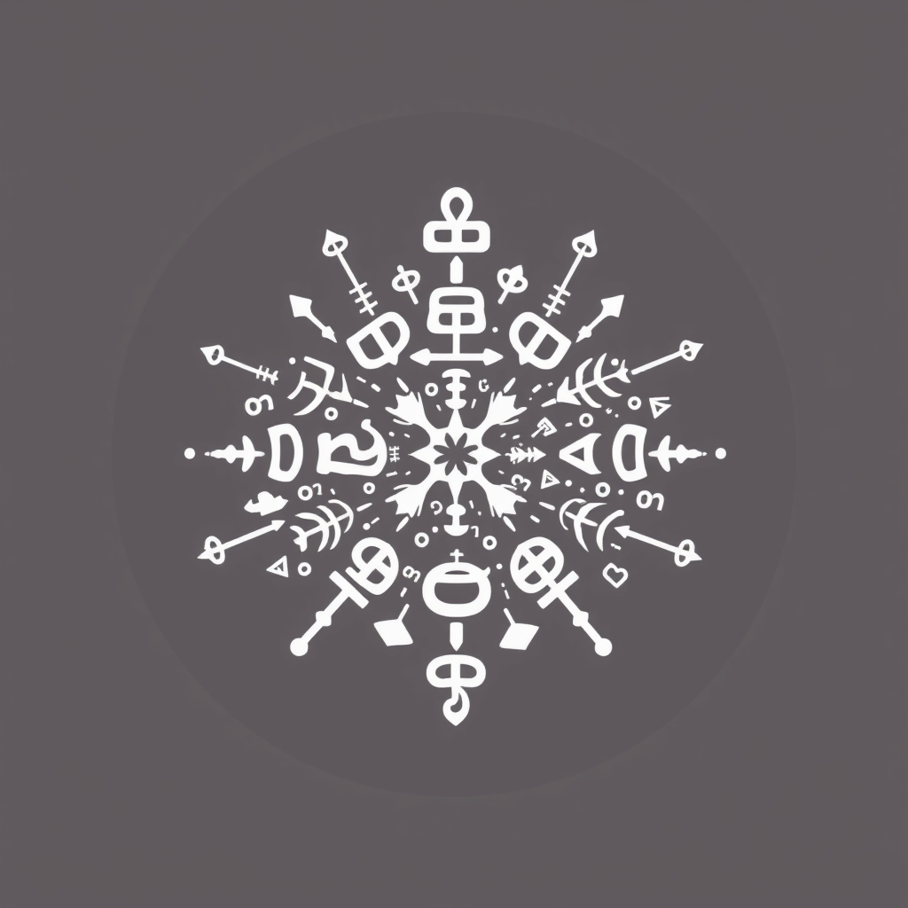 Glyph Celebration: A central, abstract mark composed of various typographic glyphs, punctuation marks, and ornamental elements (like ampersands, asterisks, dingbats) arranged to form a celebratory shape (e.g., a bursting star or a stylized globe).