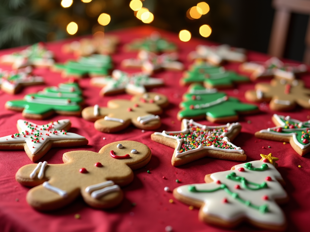  a table covered with a red tablecloth. On the table, there are several decorated gingerbread cookies in the shape of Christmas trees. The cookies are in various colors, including green, white, and red. Some of the cookies are decorated with sprinkles, while others are in the same shape. The background is blurred, but it appears to be a room with a Christmas tree and string lights. The overall mood of the image is festive and cheerful.