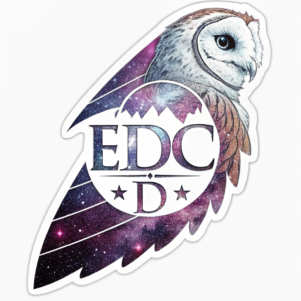 Simple logo concept: 'EDC' initials with cosmic textures (e.g., nebula fill, starry outlines), where an abstract owl feather or head shape is subtly integrated into one of the letters, like the 'D'.