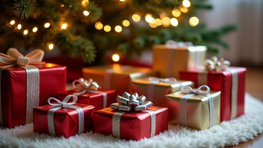 A set of beautifully wrapped Christmas gifts in shiny red, gold, and silver papers, sitting under a twinkling tree. Each package is adorned with elegant ribbons and bows, and a small gift tag peeks from beneath them. The scene is completed by a plush rug and a strand of lights that delicately wrap around the tree.